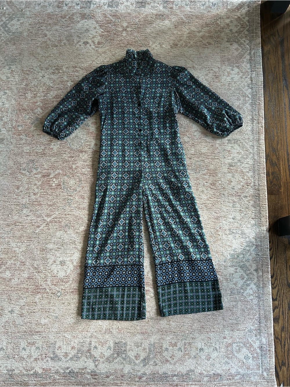 Anthropologie Blue, Black and Green Geometric-Print Jumpsuit